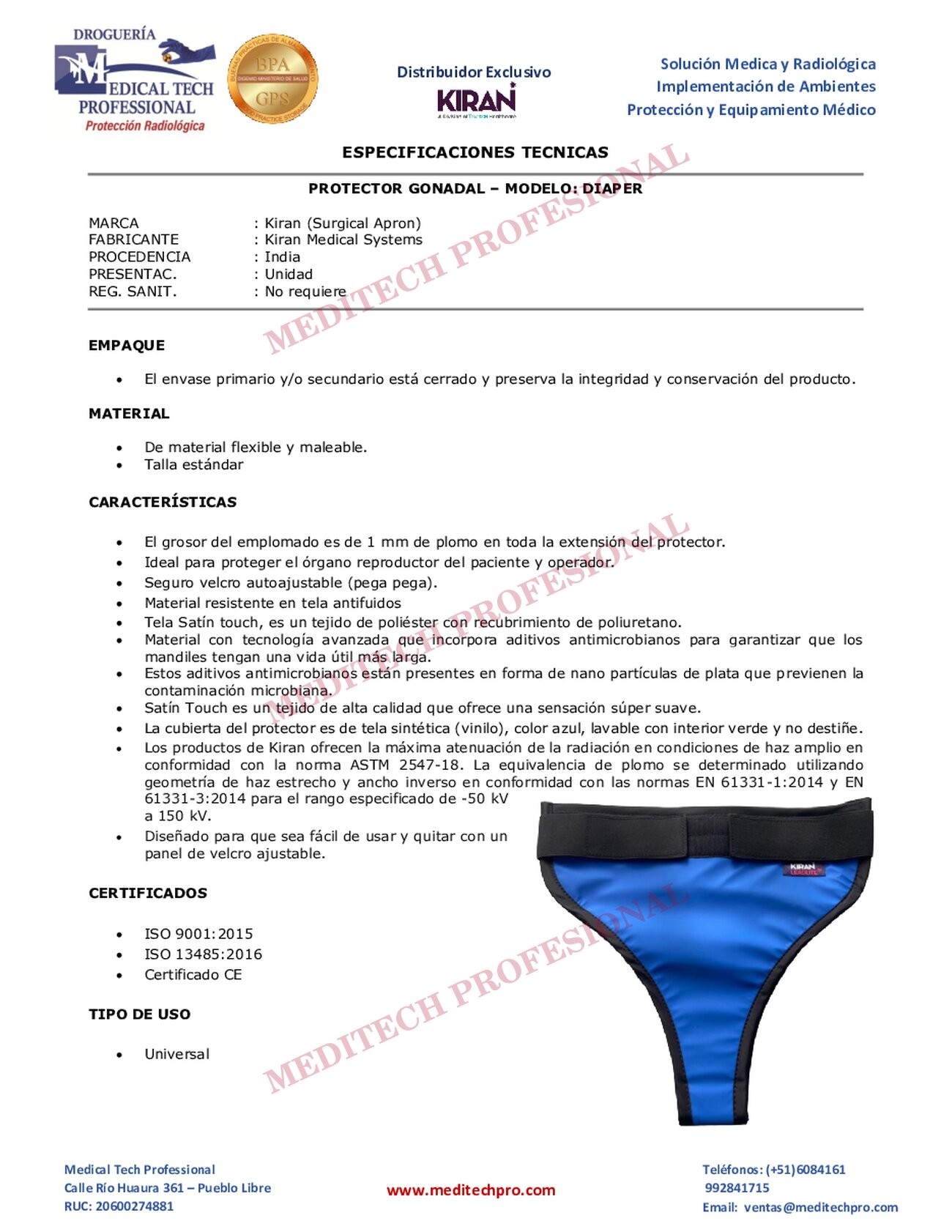 Ficha técnica de Protector gonadal diaper, página 1