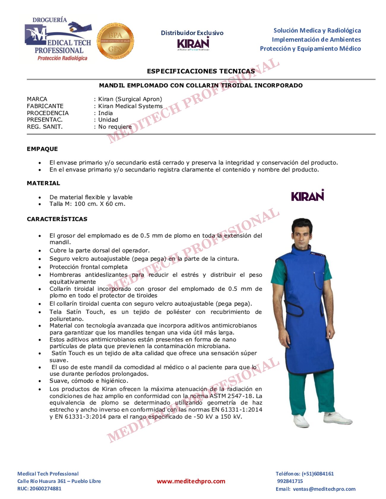 Ficha técnica de Mandil emplomado con collarín tiroidal Incorporado, página 1