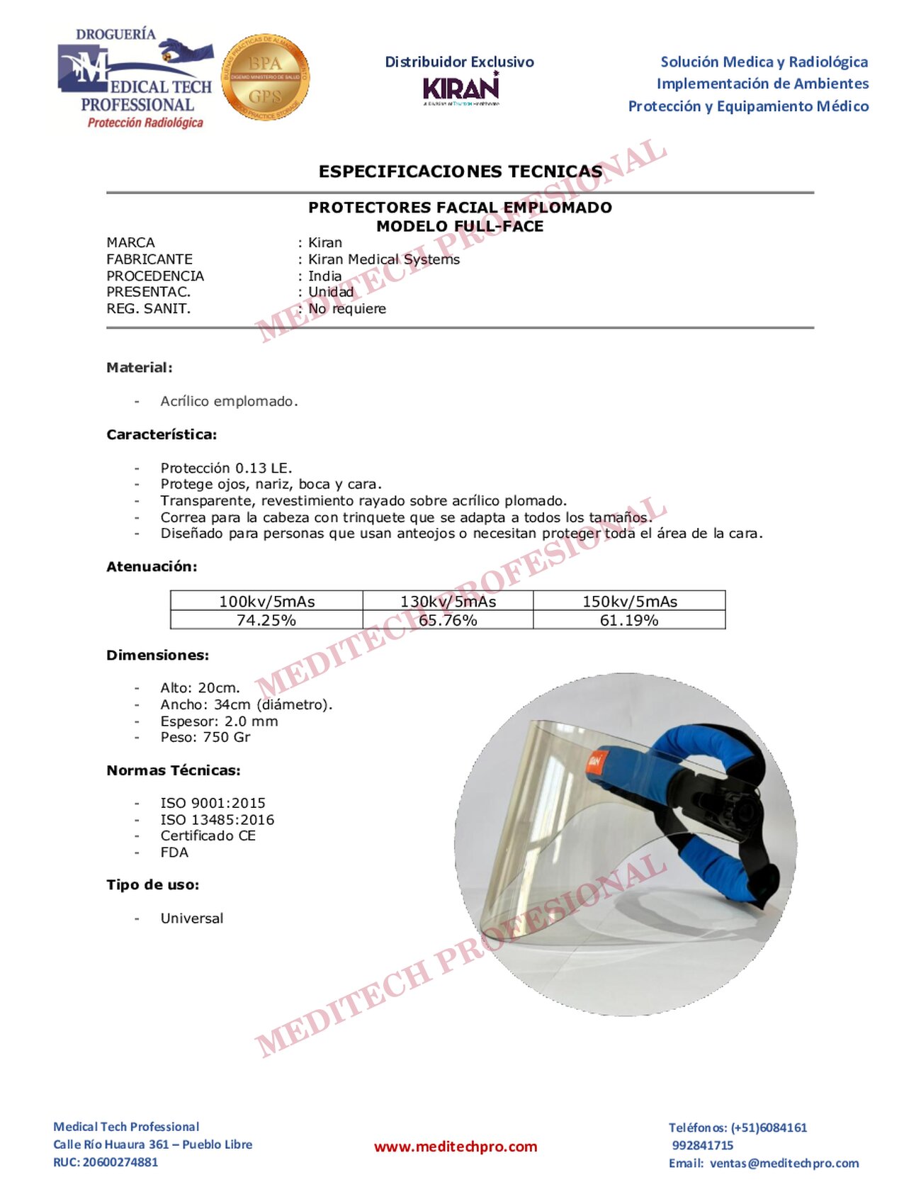 Ficha técnica de Protector facial emplomado Full-Face, página 1