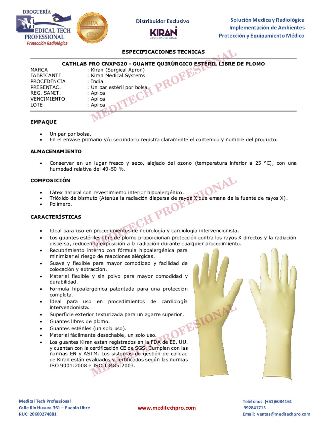 Ficha técnica de Guantes Quirúrgicas Estériles – CATHLAB PRO, página 1
