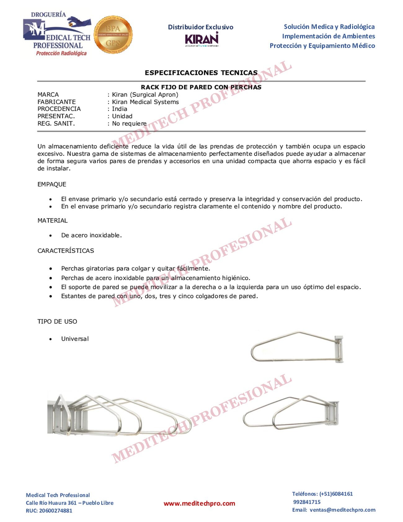 Ficha técnica de Rack fijo de pared con perchas, página 1